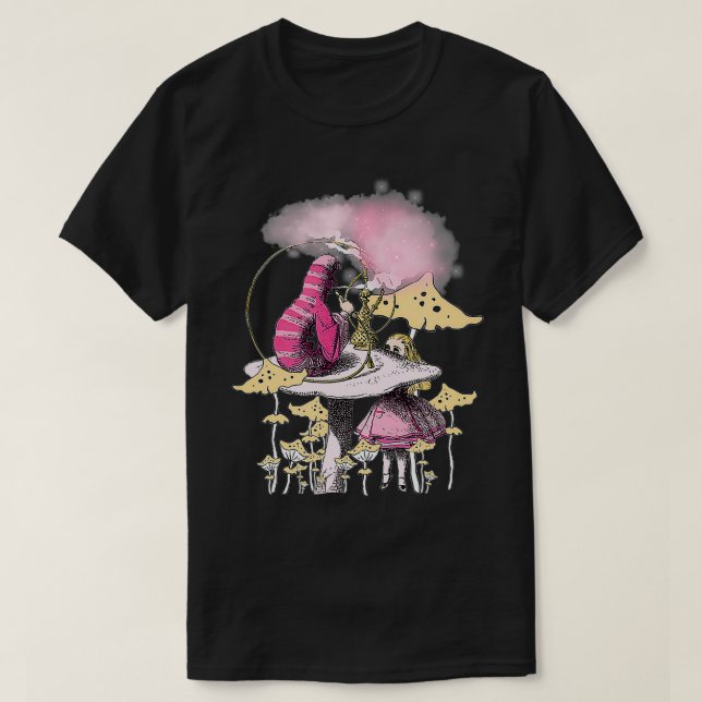 T-shirt Caterpillar smoking magic mushrooms and Alice In W (Design devant)