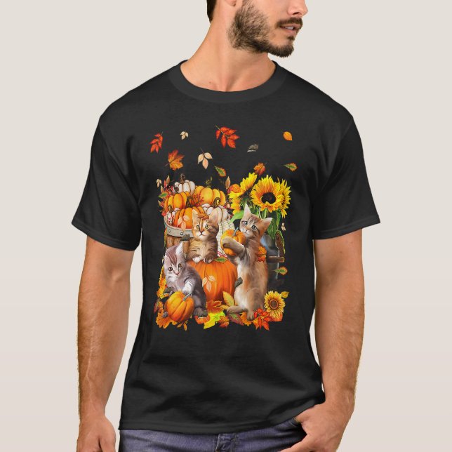 T-shirt Cats Fall Autumn Pumpkins Thanksgiving Matching Su (Devant)