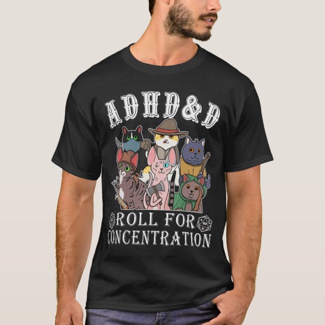 T-shirt Cats RPG Gamer Roll for Concentration D20 Dice Ner (Devant)