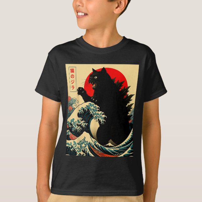 T-shirt Catzilla Cat Japanese Art Funny For Men Women Boy  (Devant)