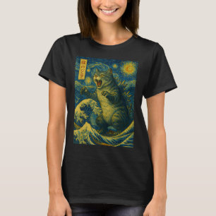 T-shirt Catzilla Funny Chat Japonais Art Starry Night Wave