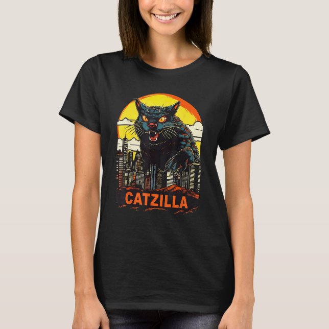 T-shirt Catzilla Géant Kitty Chat Dans Une Catzilla De Vil (Devant)