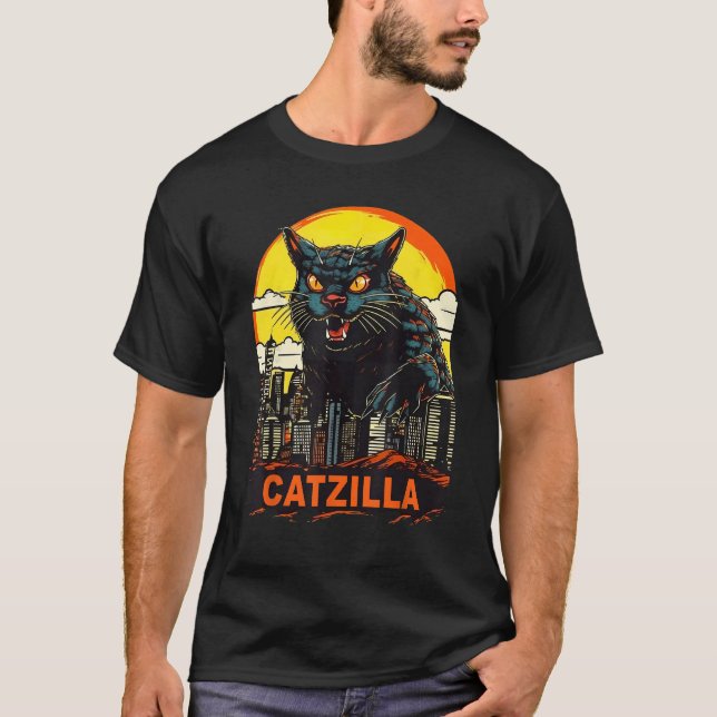 T-shirt Catzilla Géant Kitty Chat Dans Une Catzilla De Vil (Devant)
