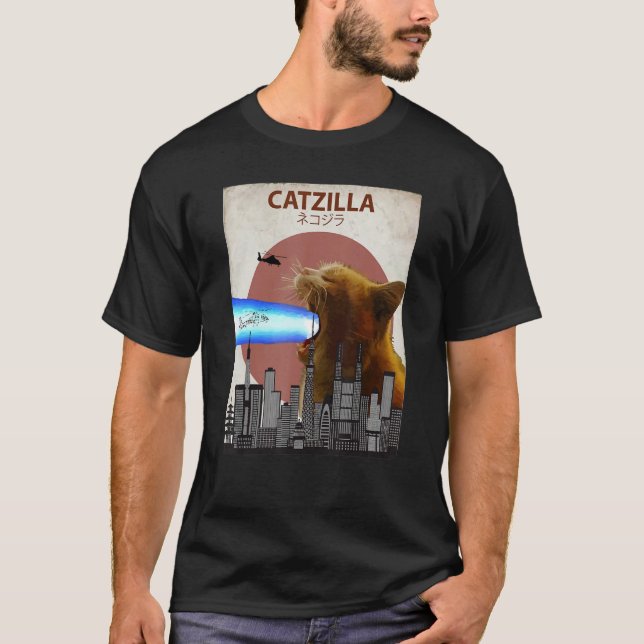 T-shirt Catzilla Giant Cat with Mouth Lasers Japanese Funn (Devant)