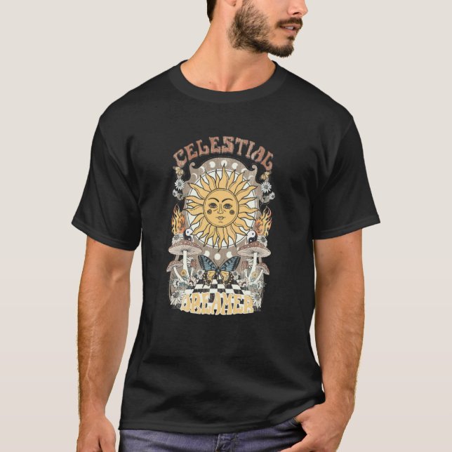 T-shirt Celestial Sun Mushroom Moon Phase Butterfly Wild F (Devant)