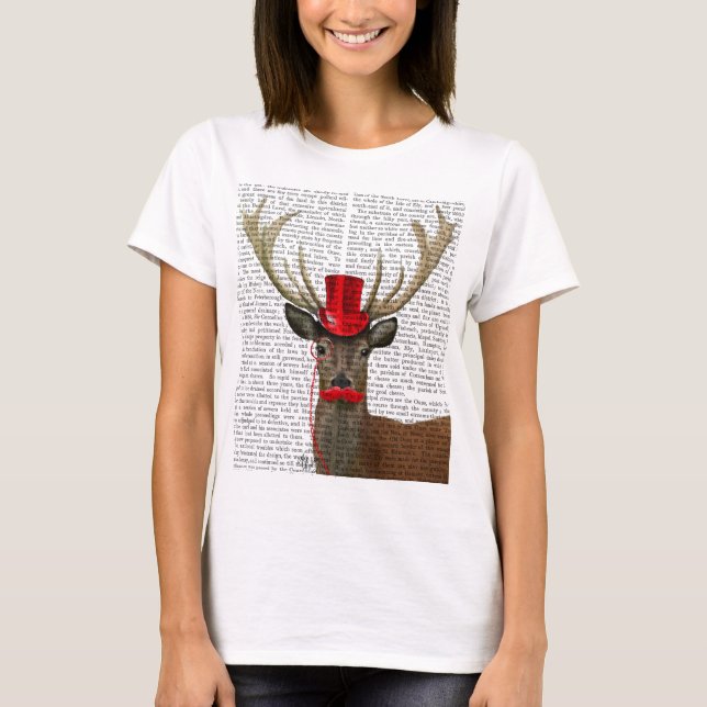 T-shirt Cerf avec chapeau rouge et moustache (Devant)