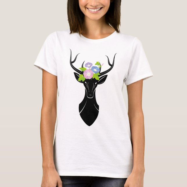 T-shirt Cerf Buck Silhouette Matin Fleurs de gloire Animau (Devant)