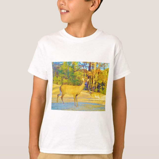 T-shirt Cerf de couleur moutarde avec bleu clair (Devant)