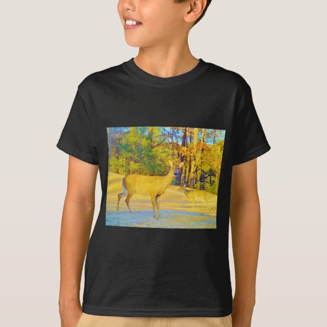 T-shirt Cerf de couleur moutarde avec bleu clair (Devant)