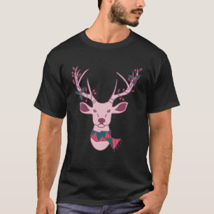T-shirt Cerf de Noël rose avec Écharpe et Mistletoe sur un