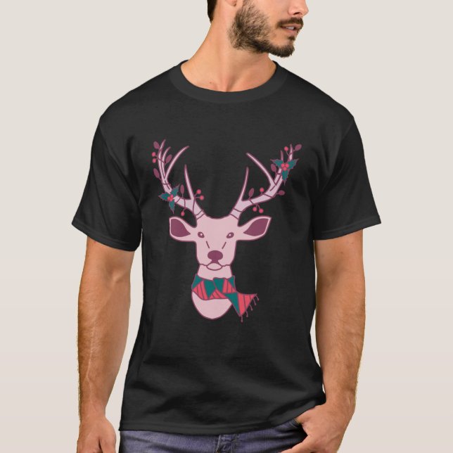 T-shirt Cerf de Noël rose avec Écharpe et Mistletoe sur un (Devant)