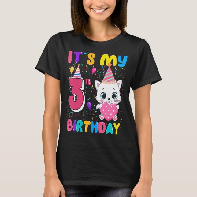 T-shirt C'est mon 3e anniversaire fille Coeur de chat Happ (Devant)