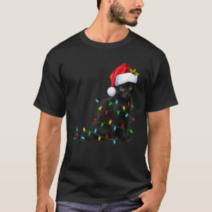 T-shirt Chapeau de Père Noël de Lumière de Noël de Chat No
