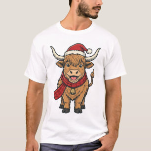 T-shirt Chapeau de Santa Cow Highland Noël Vintage Vector_