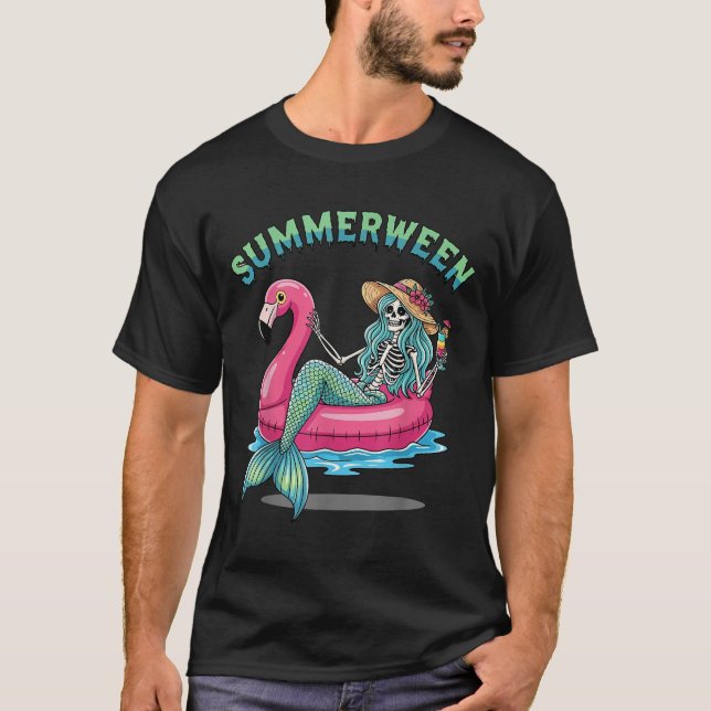 T-shirt Char de Flamant rose d'été Mermaid Squelette Hallo (Devant)