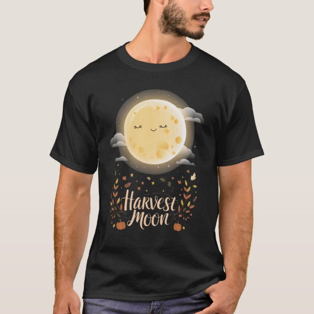 T-shirt Charmante lune de récolte avec feuilles d'automne (Devant)