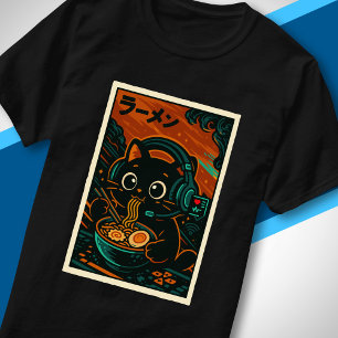 T-shirt Charmants écouteurs de chat Ramen Rétro Musique Ja