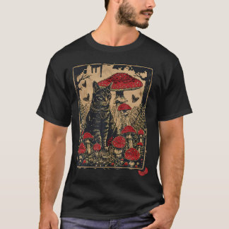 T-shirt Charme Cottagecore Chat Assis Sur Un Champignon