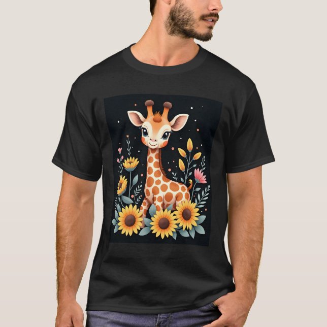 T-shirt Charming Giraffe Surrounded By Flowers Long Sleeve (Devant)