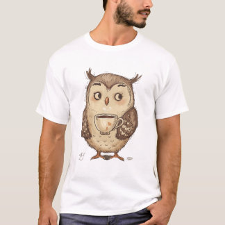 T-shirt Charming Owl with Coffee Cup Illustration