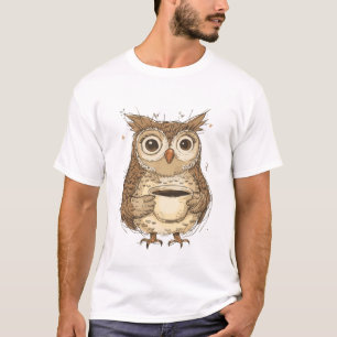 T-shirt Charming Owl with Coffee Mug Illustration