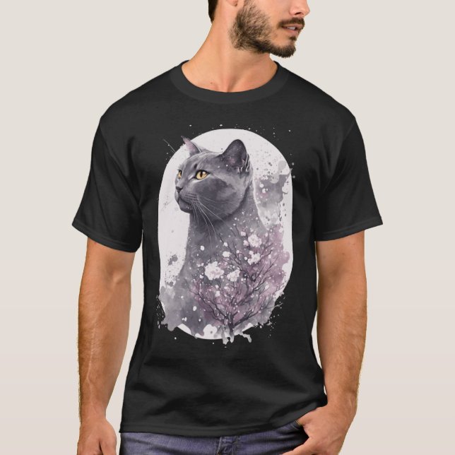 T-shirt Chartreux Cat Japanese Cherry Blossom Floral Sakur (Devant)