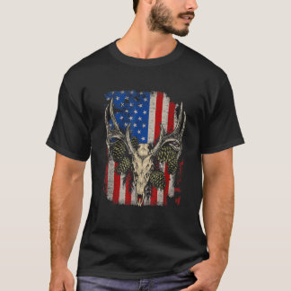 T-shirt Chasse au cerf Crâne blanc Buck Drapeau américain 