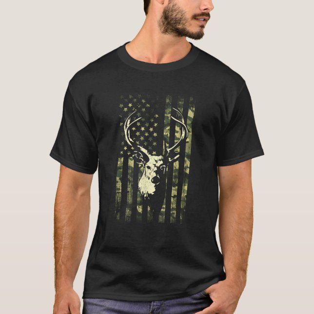 T-shirt Chasse aux cerfs de Buck Whitetail Drapeau América (Devant)