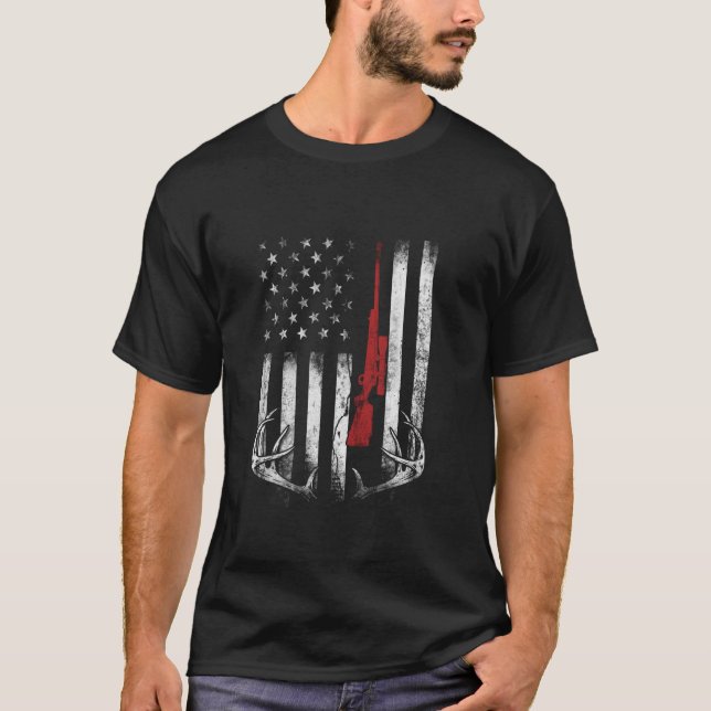 T-shirt Chasse De Cerfs Chemise Drapeau Américaine Pour Hu (Devant)