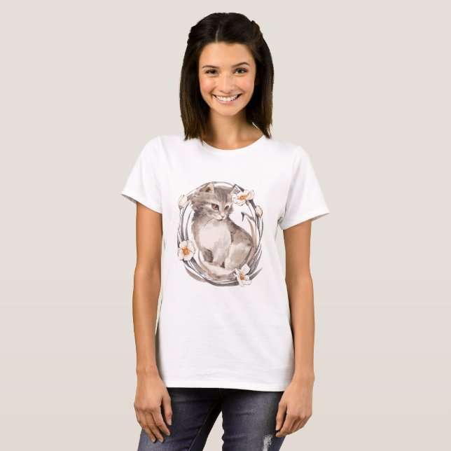 T-shirt Chat 1. Chaton gris et fleurs (Devant entier)