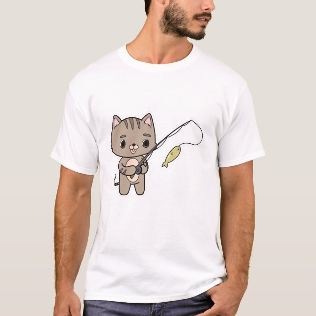 T-shirt Chat à la pêche avec bâton de pêche (Devant)