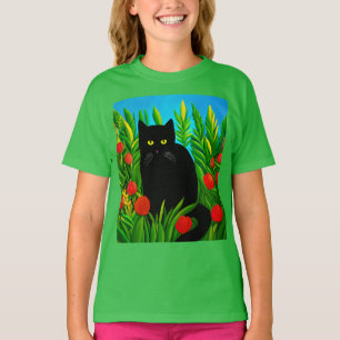 T-shirt Chat à l'oeil vert dans un jardin fleuri Tee's