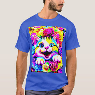 T-shirt Chat arc-en-ciel psychédélique dans un jardin flor