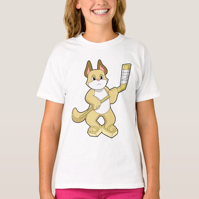 T-shirt Chat au hockey sur glace avec bâton de hockey sur  (Devant)