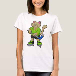 T-shirt Chat au hockey sur glace avec bâton de hockey sur 