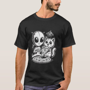 T-shirt Chat Avec Alien Manger Pizza Drôle Espace Femmes H