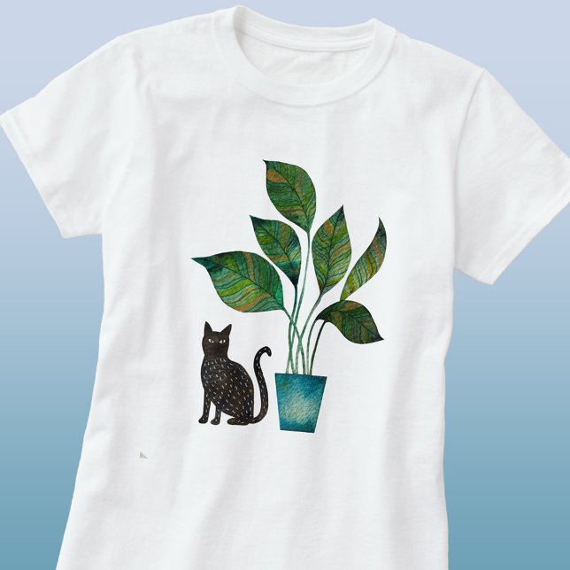 T-shirt Chat avec aquarelle Plante pointé (Cat with potted house plant watercolor art t-shirt)