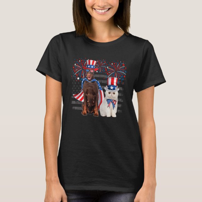 T-shirt Chat Avec Lunettes De Soleil Dobermann Drapeau Amé (Devant)