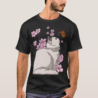 T-shirt Chat avec papillon Japonais Sakura Cerry Blossom
