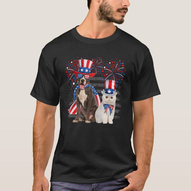 T-shirt Chat Avec Pit Bull Lunettes de soleil Drapeau Amér (Devant)