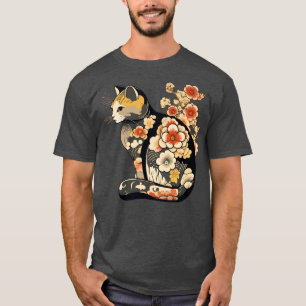 T-shirt Chat avec tatouages de fleurs japonais