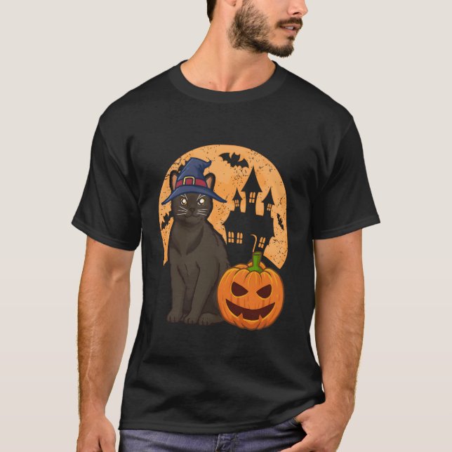T-shirt Chat Birman Avec Sorcière Et Halloween Citrouille (Devant)