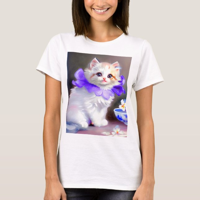 T-shirt Chat blanc avec collier de fleurs violettes (Devant)