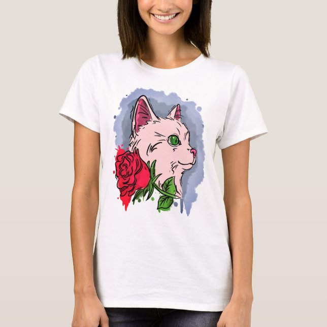 T-shirt Chat blanc avec fleur (Devant)