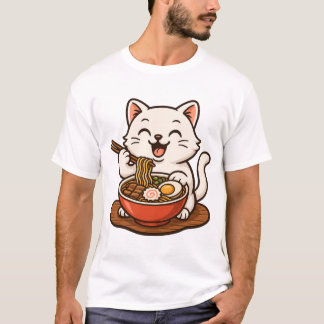 T-shirt Chat blanc mangeant du ramen