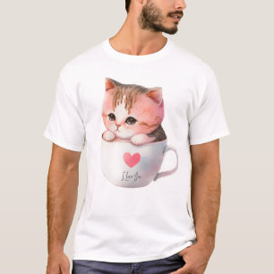T-shirt Chat blanc-rose mignonne dans une tasse de thé (2)