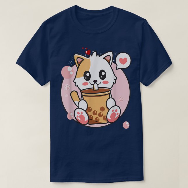 T-shirt Chat Boba Tea Bubble Tea Kawaii Anime Japonaise Fi (Design devant)