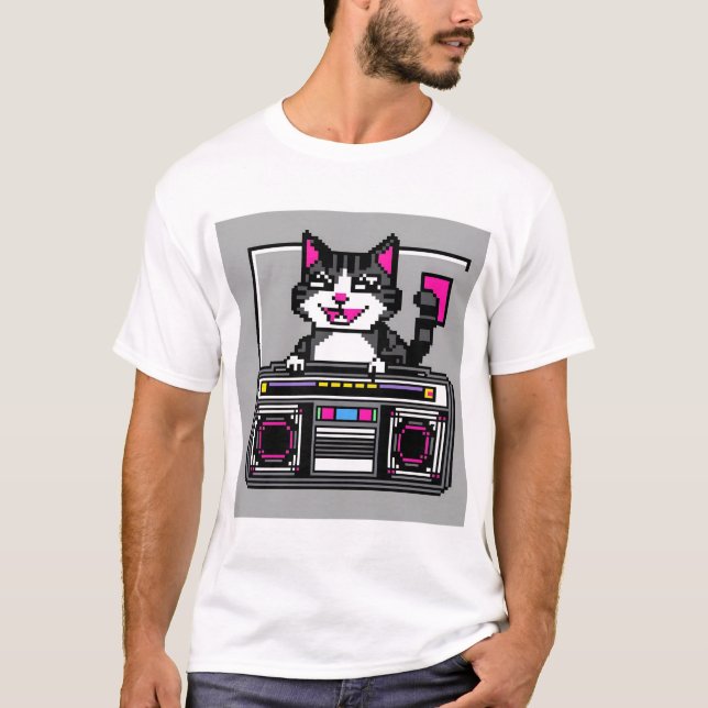 T-shirt Chat Boombox Rétro - Vibes DJ Pixel (Devant)