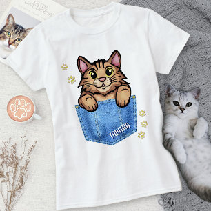 T-shirt Chat Brown dans la poche Faux Denim avec nom perso