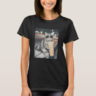 T-shirt Chat Buvant Café Glacé Mème Animal Drôle Hommes Fe